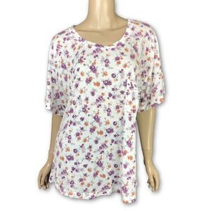 Blue Life Top Size M Scoop Neck White Multi-Color Floral Pattern Short Sleeve